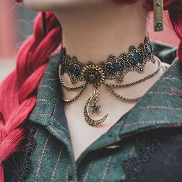 Steampunk Choker Necklace Vintage Bronze Gold Moon Pendant Elegant Gothic - Picture 6 of 7